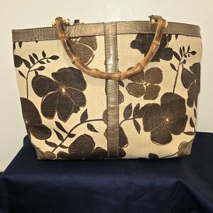 Liz Claiborne Brown Floral Tote with Bamboo Handles